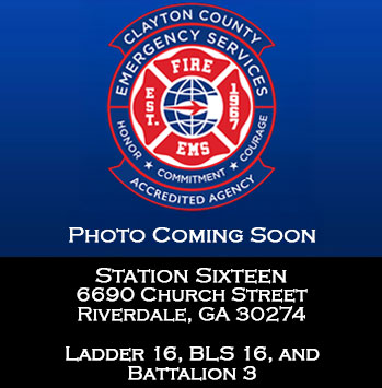 Station 16, 6690 Church Street, Riverdale, GA 30274. Ladder 16, BLS16, and Battalion 3.